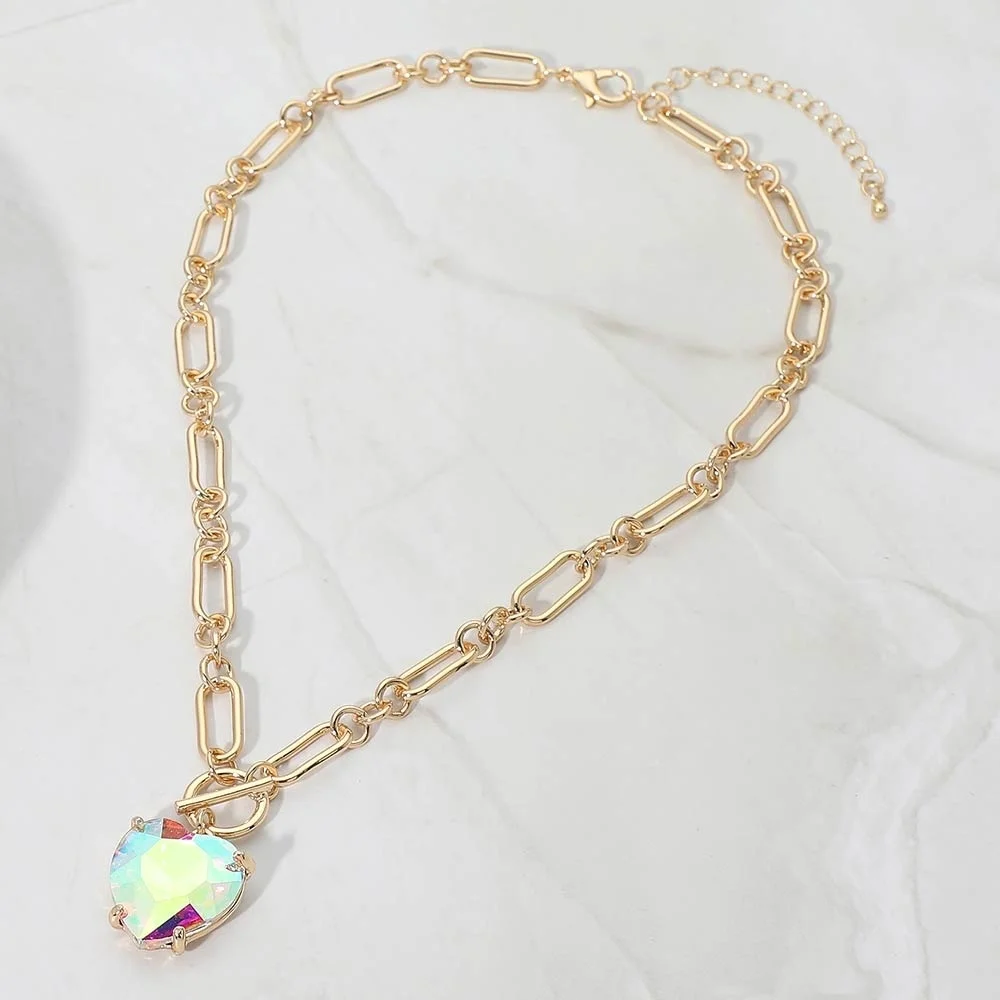 Gold Ab Heart Toggle Paperclip Link Crystal Pendant Necklace Jewelry Chain